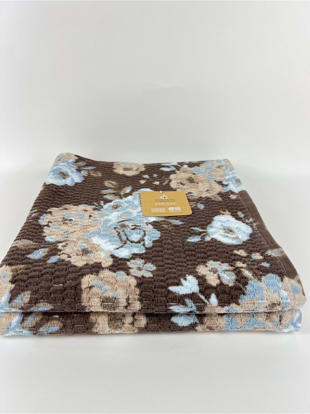 Deborah Connolly Bath Towels Brown Blue Cream Floral Soft Cotton Blend 2 Pc NEW